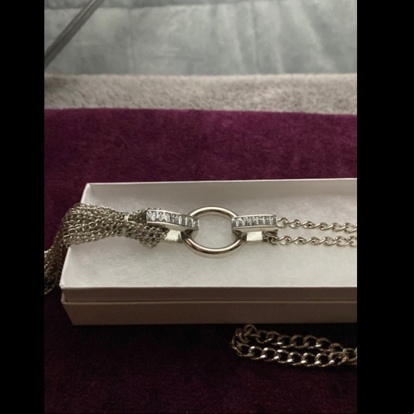 Silver Chain Tassle Long Necklace with Rhinestone Clasps and Heart Clasp - Picture 7 of 11